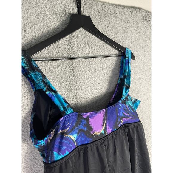 Longitude Size 16 Black Floral Skirted One Piece Swimsuit Tummy Control Tankini - Picture 8 of 11